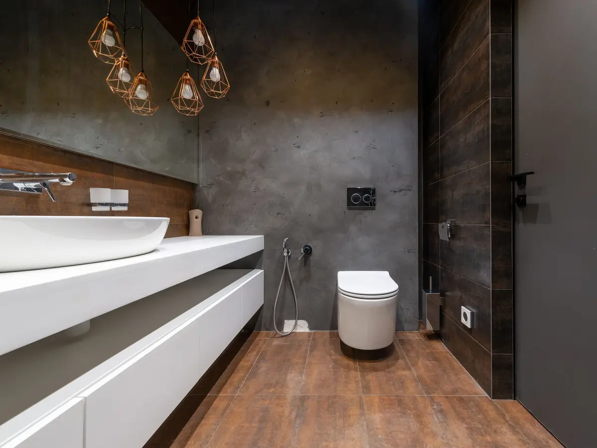 Wall-hung toilet and floating basin in a dark bathroom