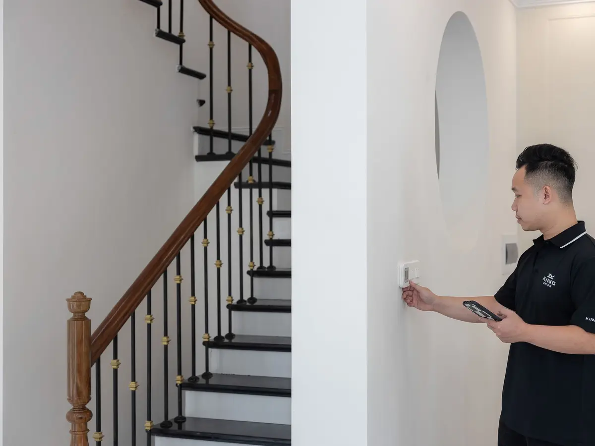 Engineer checking a wall thermostat in a hallway