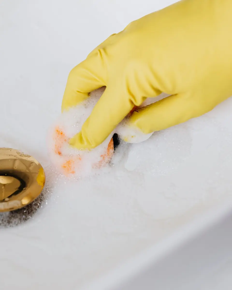 Gloved hand clearing debris from a plughole