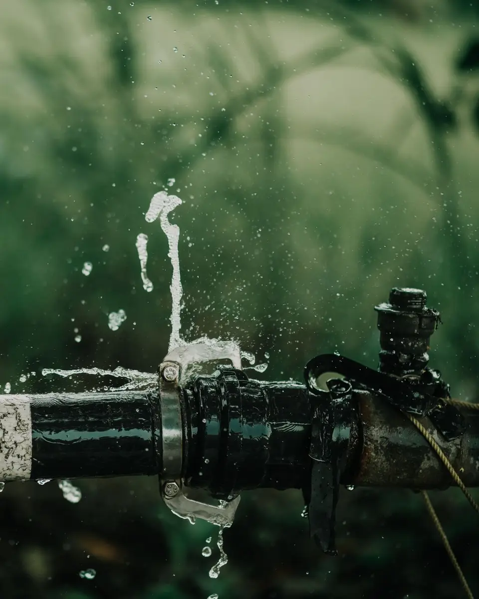 Water spraying from a failed pipe joint